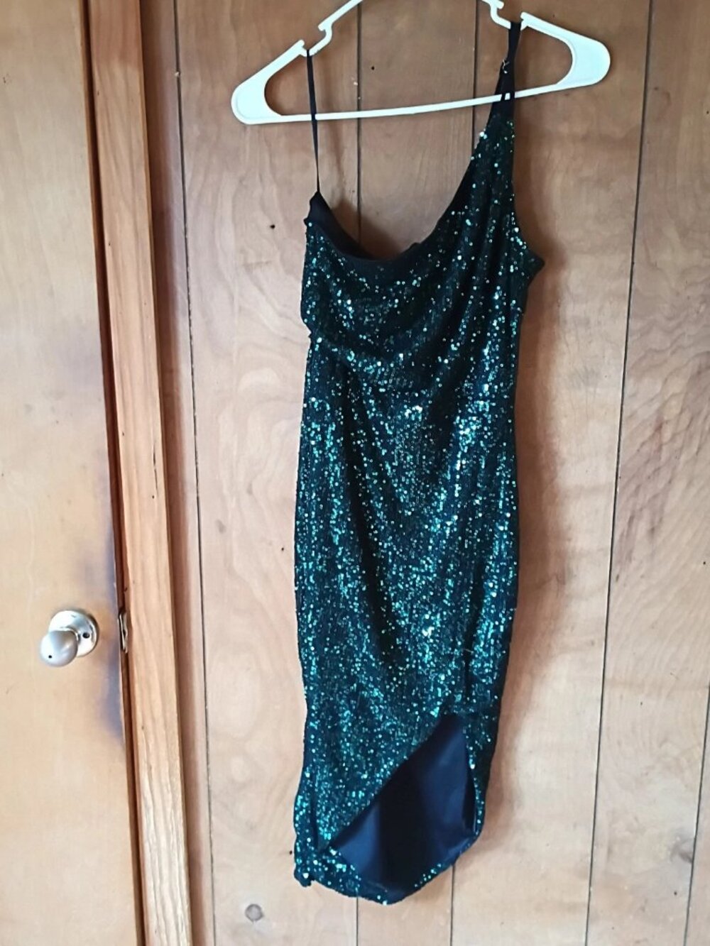 Kate Kasin Green Sequin One Shoulder Cocktail Dress Size S Side Slit Party NWT